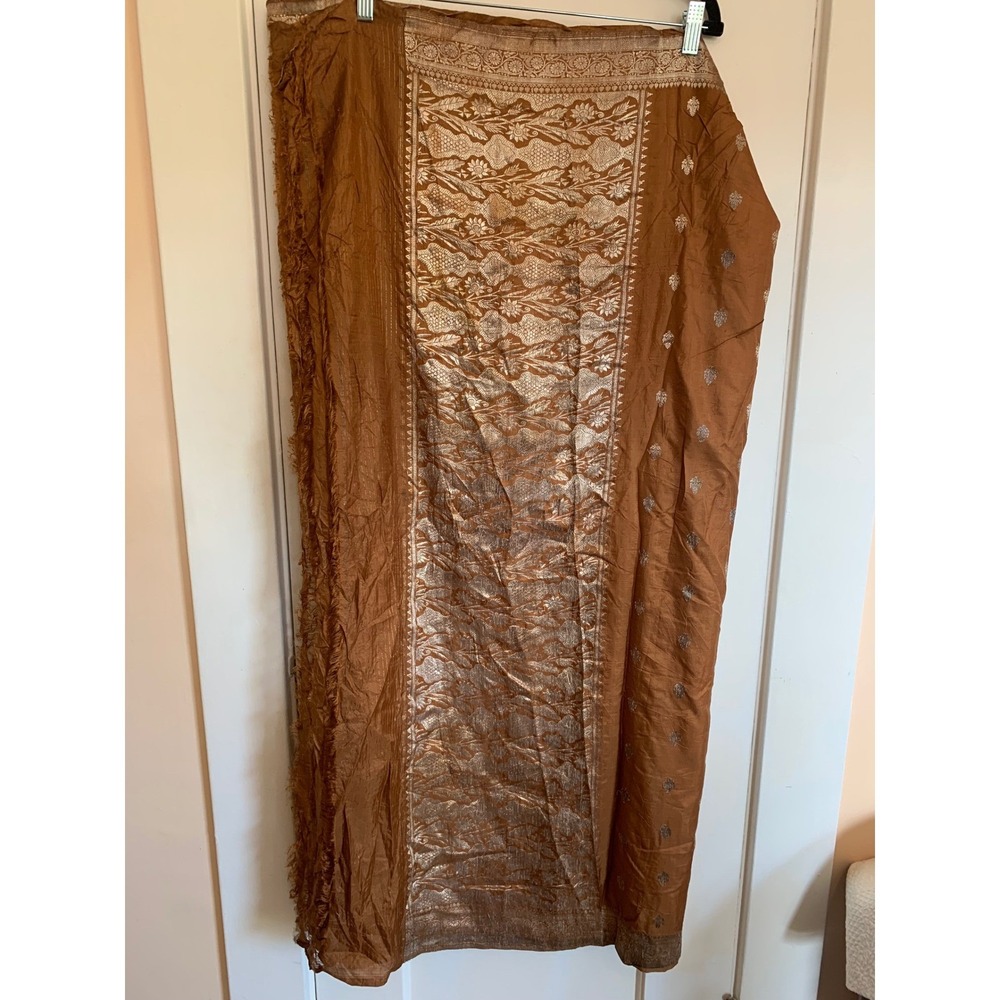 Vintage Indian Sari Silk Copper Gold Metallic Floral Brocade 184x44"